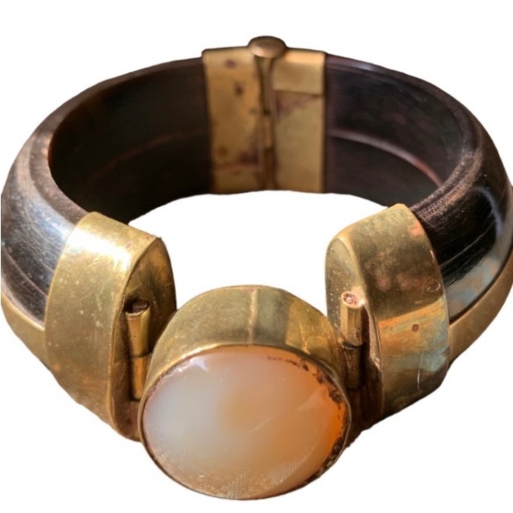 - Vintage Handmade Bone Brass And Moonstone Pin Hinged Bangle Bracelet Ret…